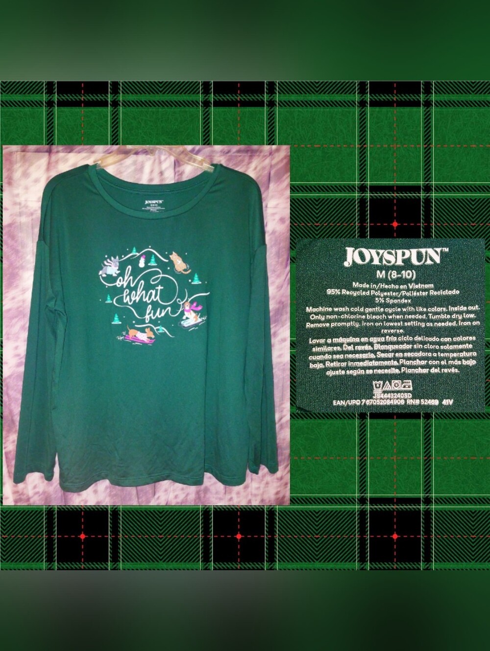 Joyspun Hunter Green 'Oh What Fun' Pets Holiday Print Soft Knit PJ Top Med(8/10)